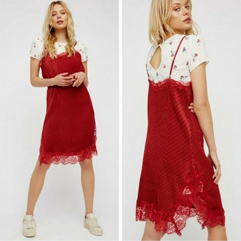 Free People Margot spotted red slip dress Size 6